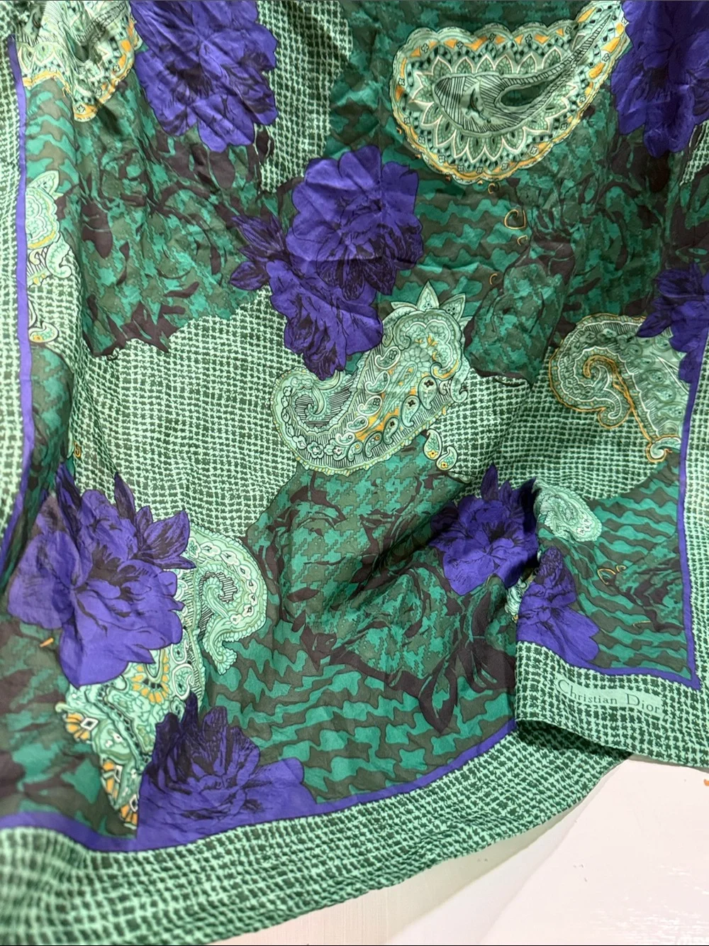 Christian Dior vintage Green Two-Tone Paisley Silk Scarf 🧣 with Purple Flowers